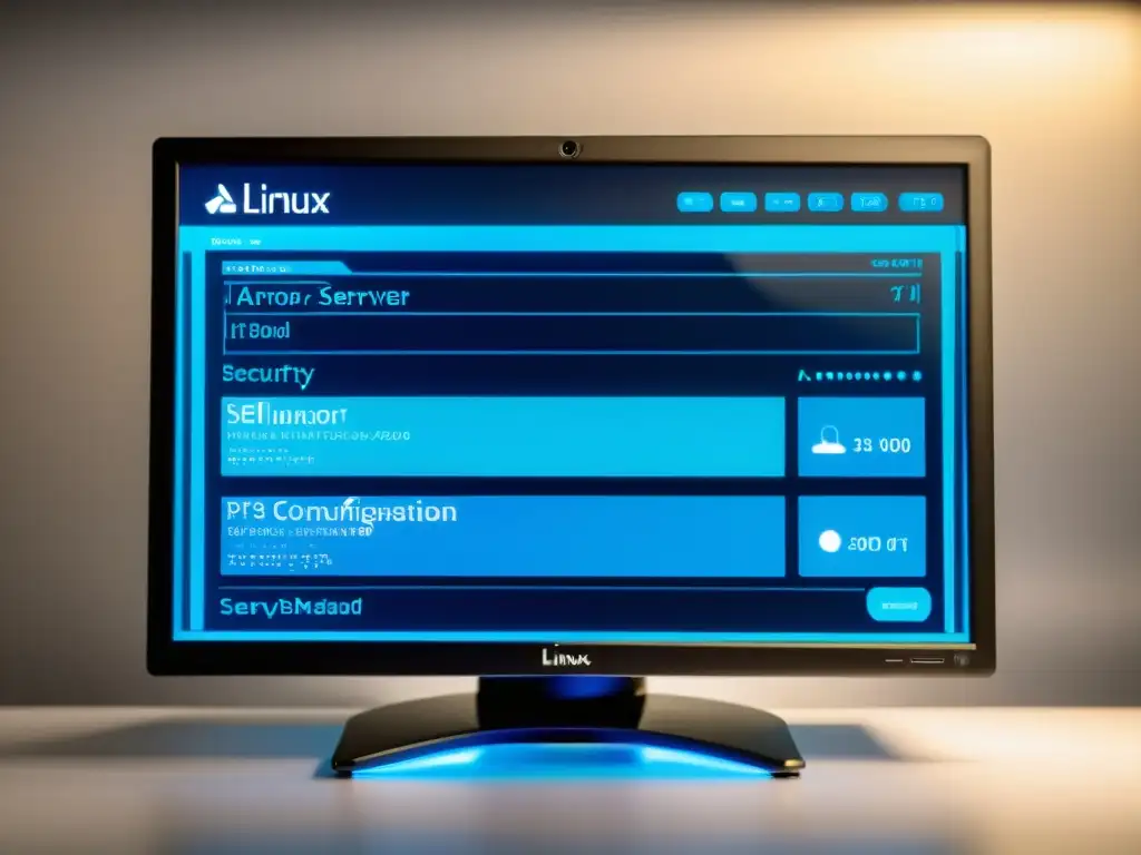 Interfaz de configuración de AppArmor en un servidor Linux, con luces LED azules