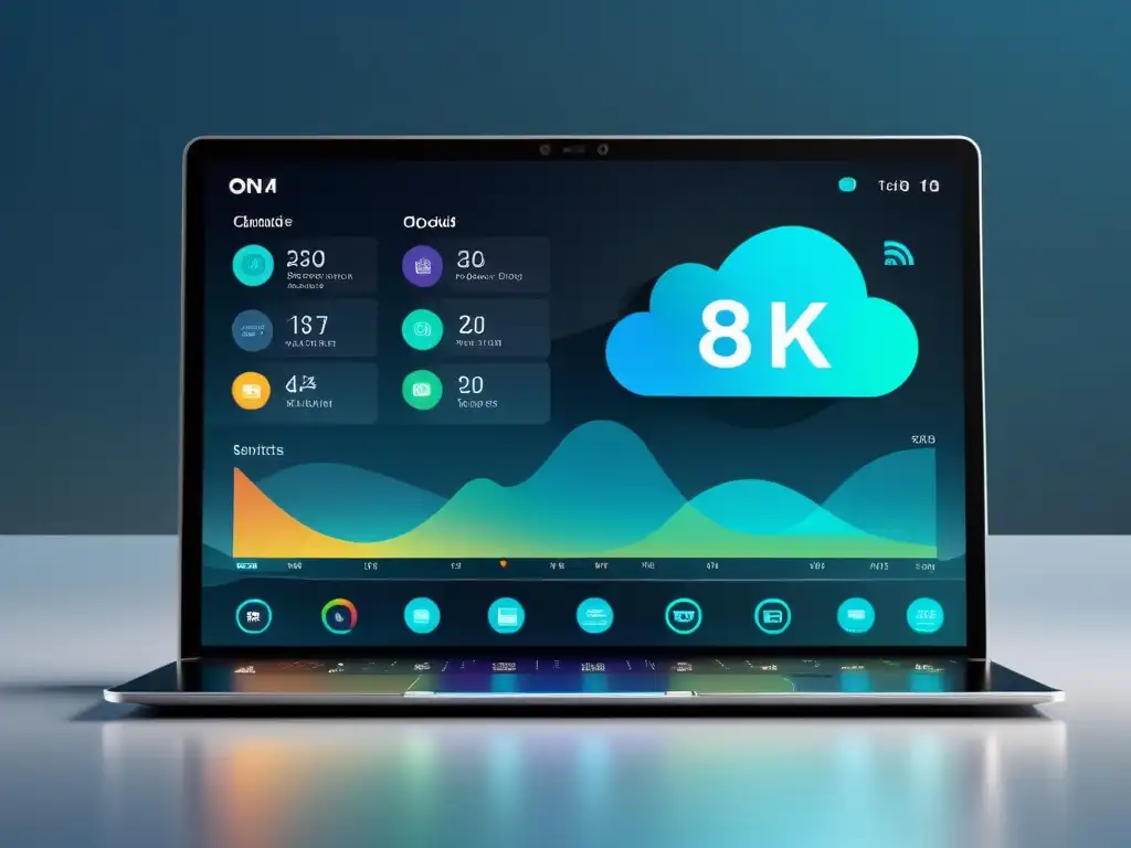 Interfaz de sistema operativo en la nube ultradetallada y futurista con widgets personalizables y visualizaciones dinámicas de datos