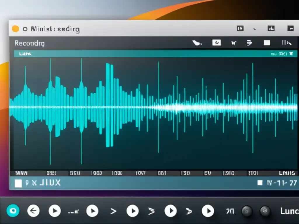 Interfaz de software de grabación de audio minimalista en Linux con herramientas de edición detalladas y un esquema de color moderno