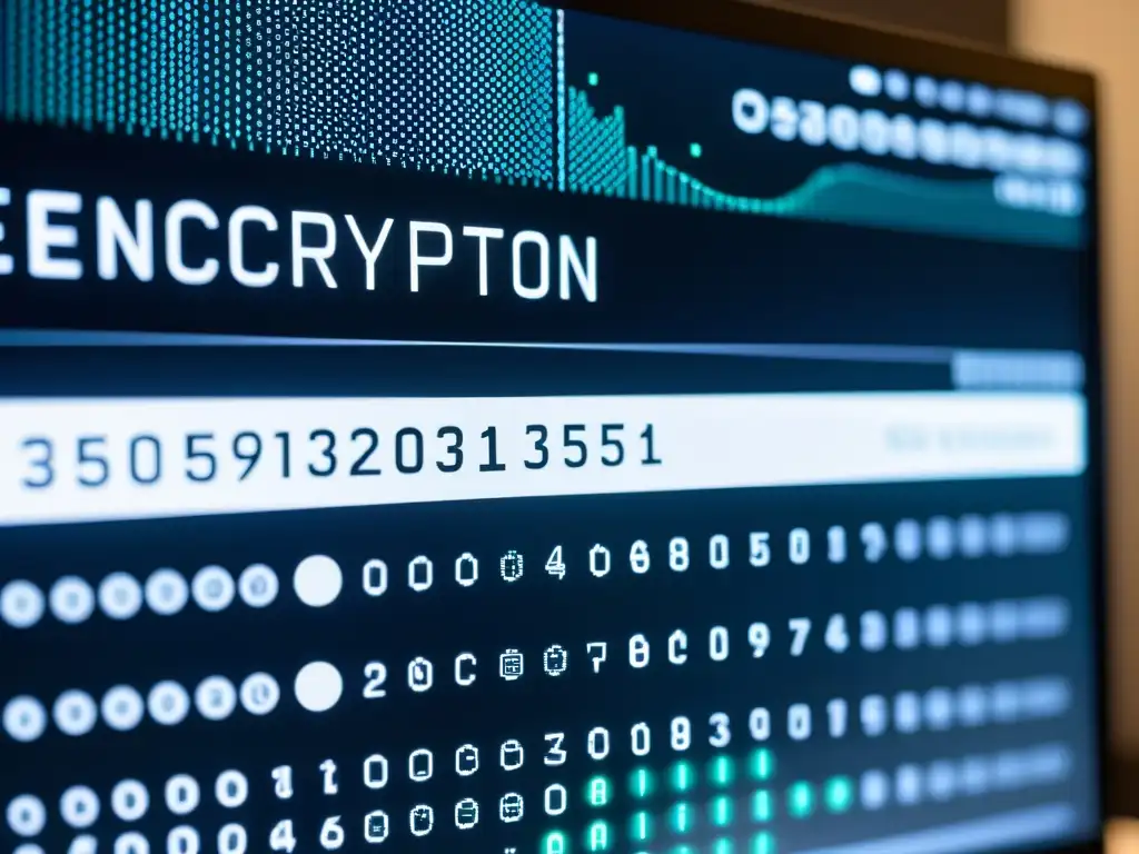Interfaz de software de encriptación moderna en pantalla de computadora con algoritmos y visualización de datos