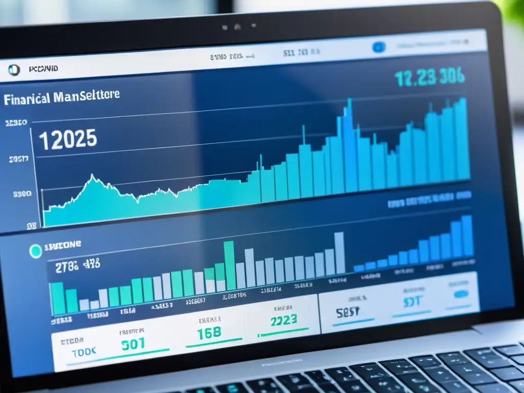 Interfaz financiera moderna: gráficos dinámicos y datos Una interfaz de software de gestión financiera moderna y elegante en tonos azules y grises