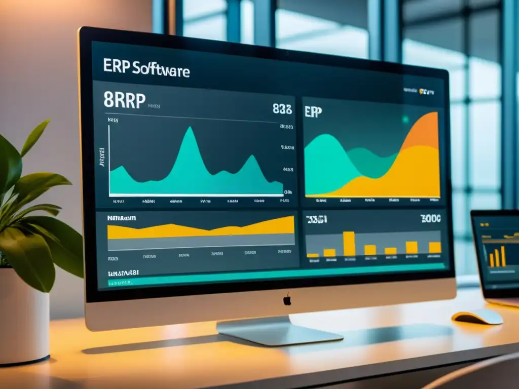 Interfaz de software ERP moderna en 8k con herramientas de visualización de datos, paneles interactivos y análisis en tiempo real