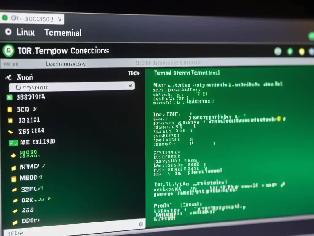 Interfaz de terminal de Linux Tor, red de conexión anónima en verde vibrante