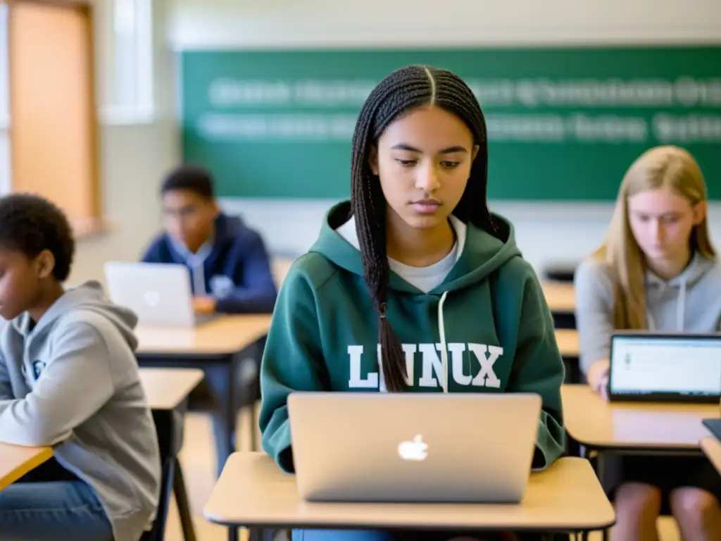 Una joven estudiante trabaja en su laptop con Linux en un aula luminosa