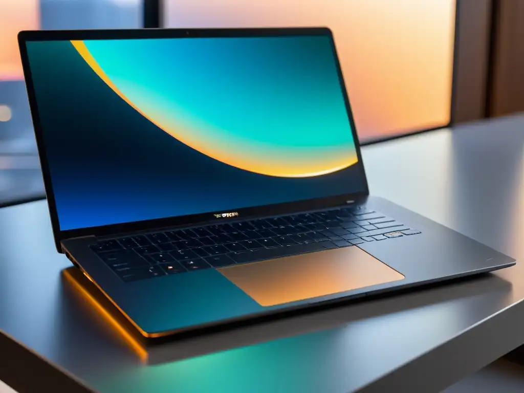 Una laptop moderna con un diseño minimalista en un entorno limpio, iluminada suavemente