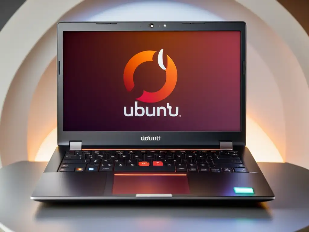 Una laptop moderna con el entorno de escritorio de Ubuntu, iluminada con suave luz natural