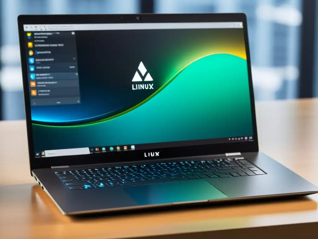 Una laptop moderna con MX Linux mostrando herramientas de rendimiento en un escritorio minimalista, creando una atmósfera profesional