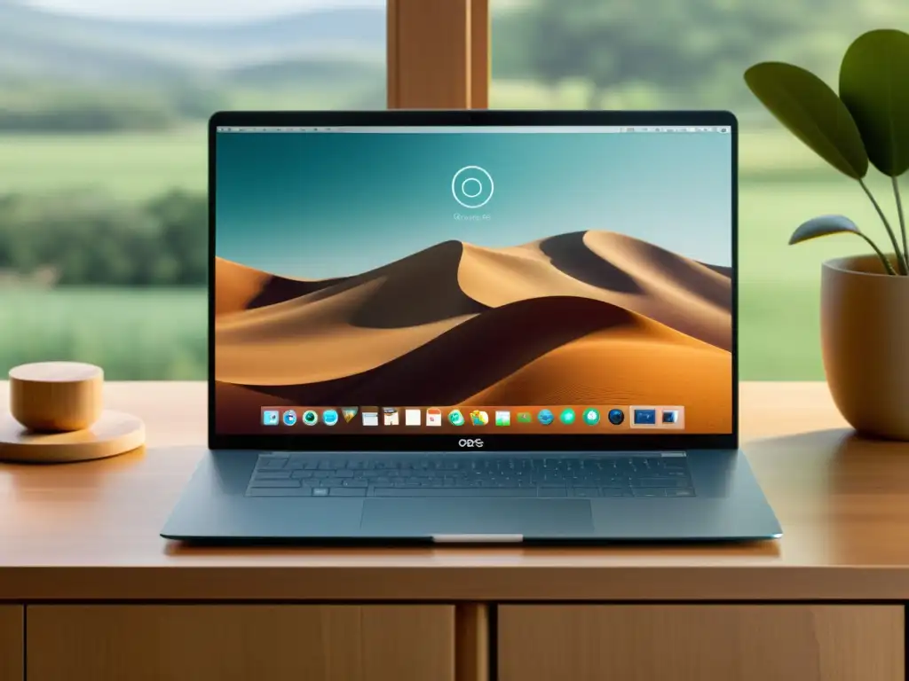 Una laptop moderna muestra la interfaz limpia y minimalista de Elementary OS, creando un espacio de trabajo sereno