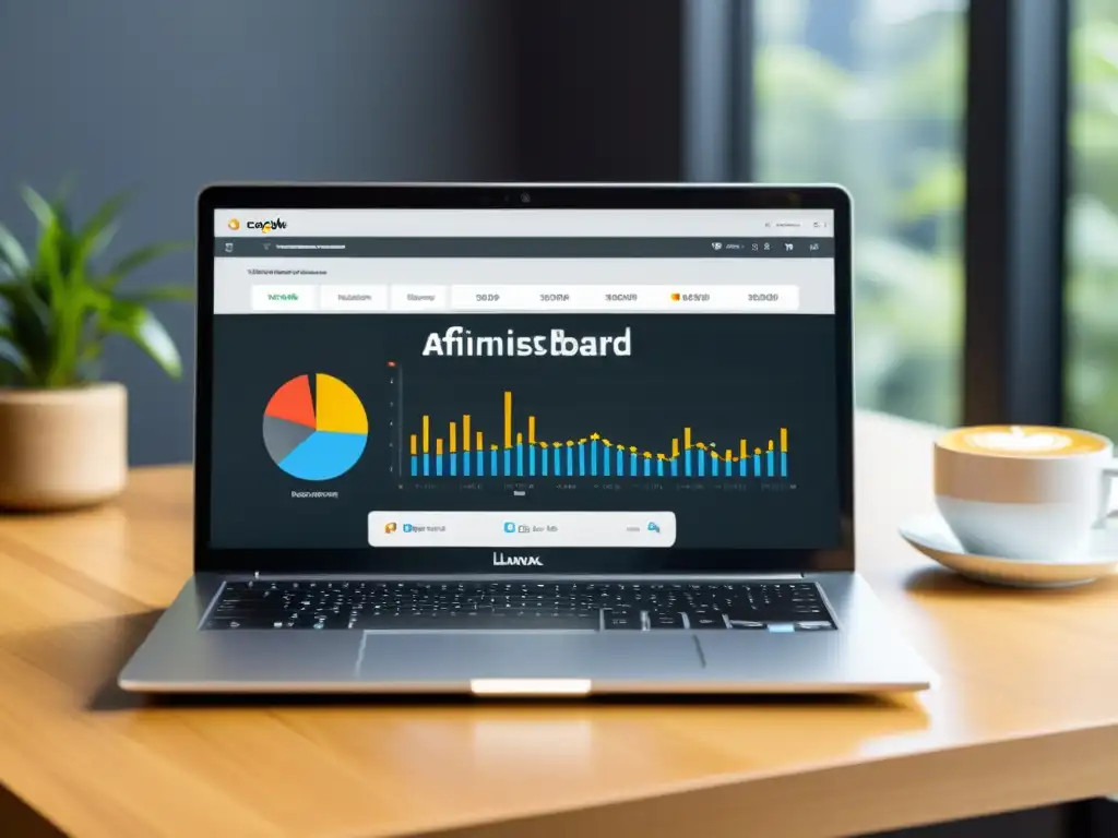 Un laptop moderno muestra un panel de marketing de afiliación con Linux en un entorno profesional y enfocado