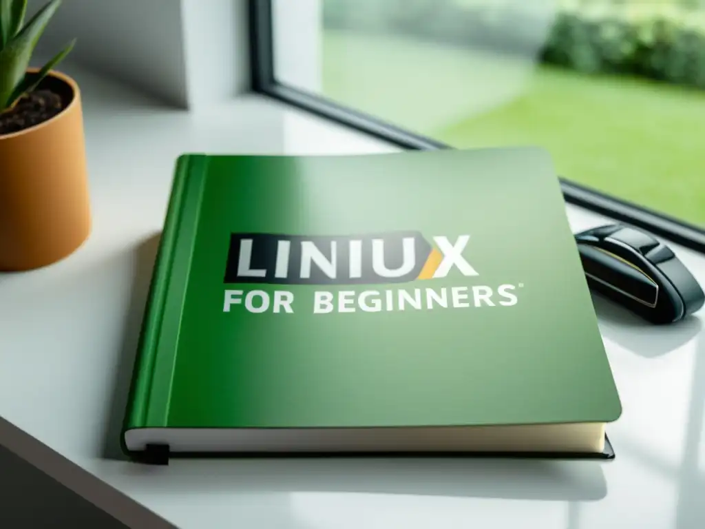 Un libro abierto con el título 'Linux for Beginners' en la portada, sobre un escritorio blanco con un laptop moderno