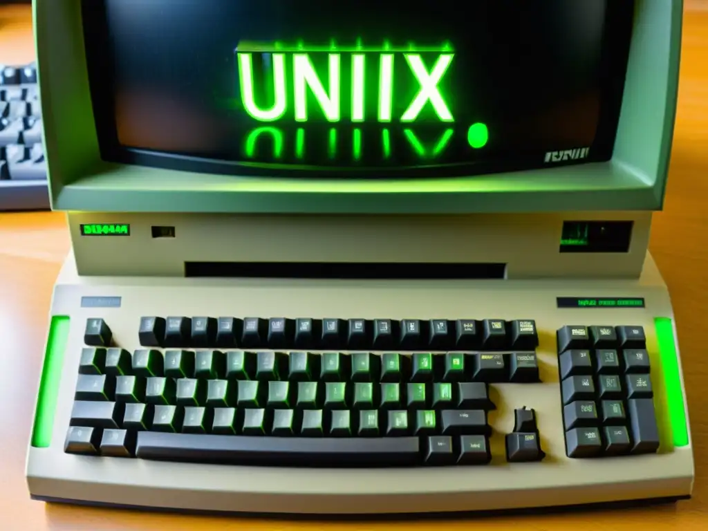 Explorando el linaje de BSD: Terminal Unix vintage con texto verde brillante en pantalla, teclado desgastado y manuales antiguos