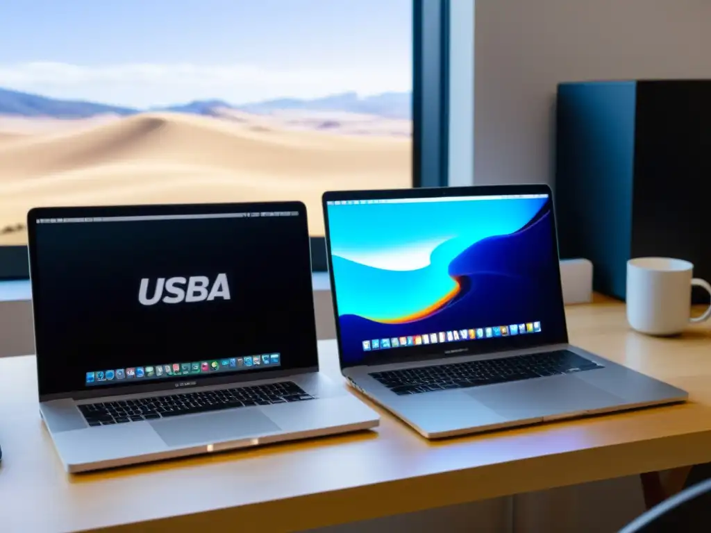 Dos laptops, un MacBook Pro y un Linux, con software open source en pantalla