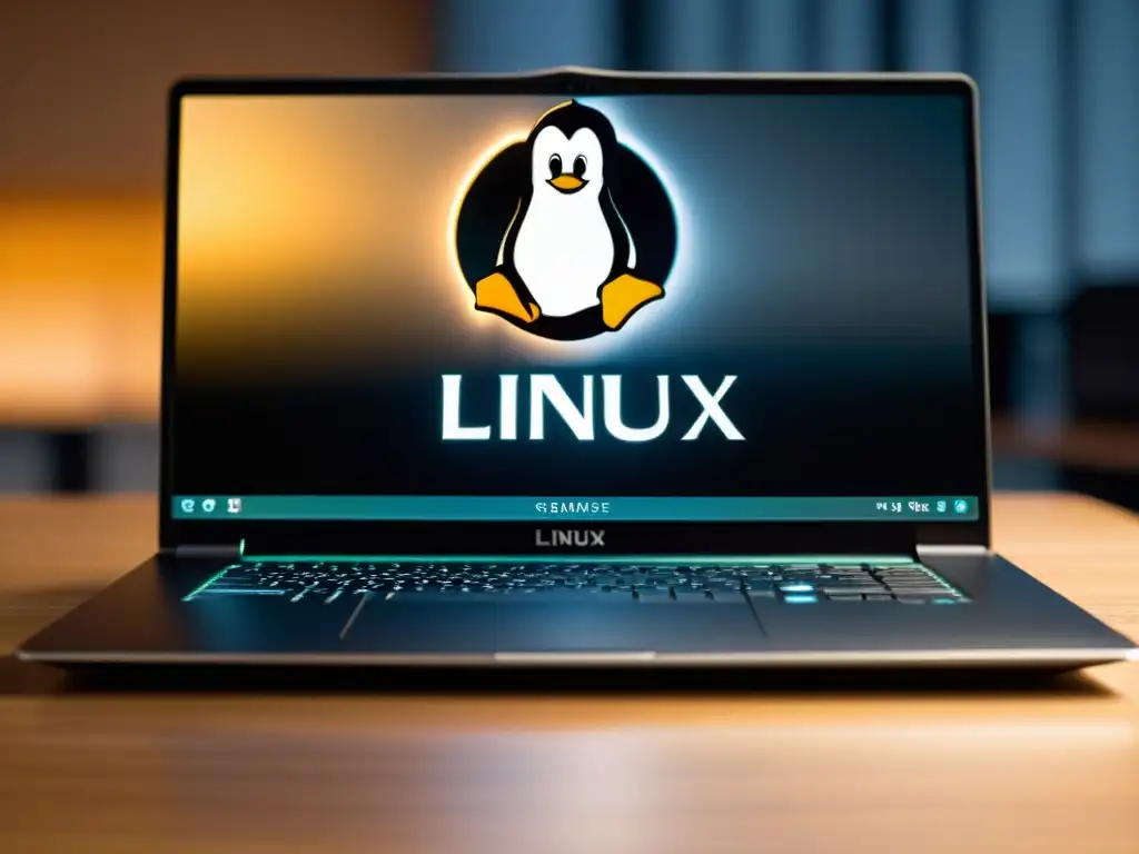 Migrar de MacOS a Linux: Imagen de un elegante laptop con el logo de Linux en la pantalla, en un entorno de trabajo minimalista y de alta tecnología