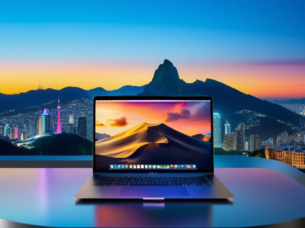 Migrar de MacOS a Linux: laptop moderno en ciudad atardecer, mostrando dualboot y sofisticación tecnológica