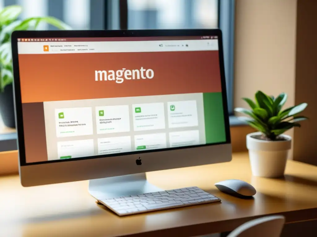 Instalación de Magento en Linux: Configuración profesional con paso a paso en pantalla, rodeada de un espacio minimalista y enfocado