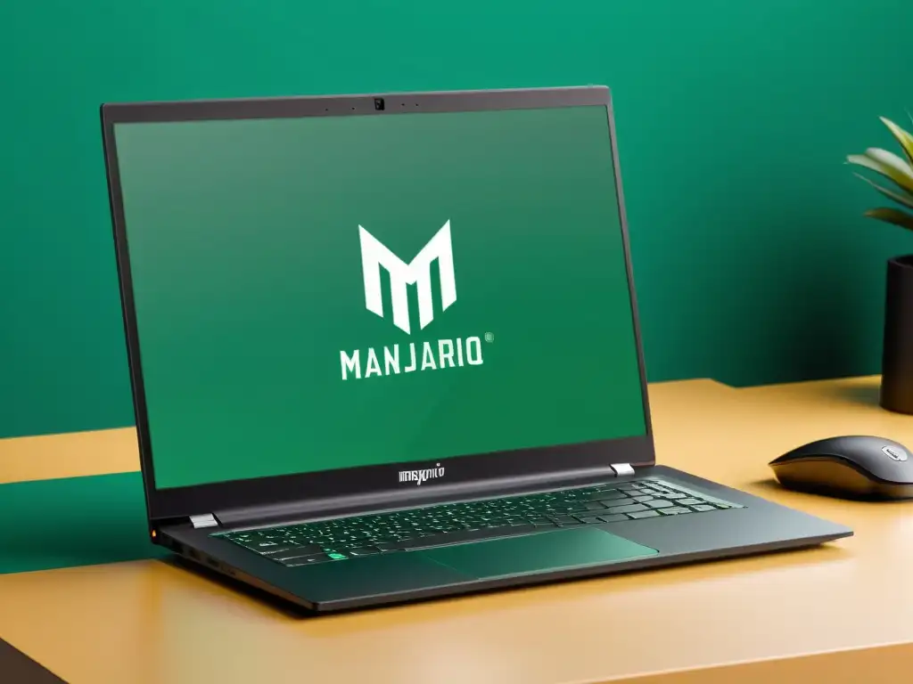 Simplificar Arch Linux con Manjaro: Laptop moderno con Manjaro Linux en pantalla, en un espacio de trabajo minimalista con teclado, mouse y café