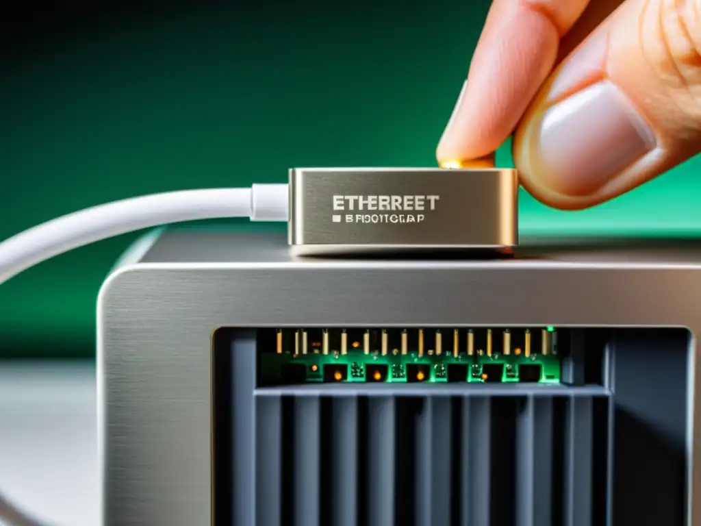 Conexión perfecta: Instalación de cable Ethernet en adaptador de red Mano insertando cable Ethernet en adaptador de red moderno, destacando precisión y conectividad de alta velocidad