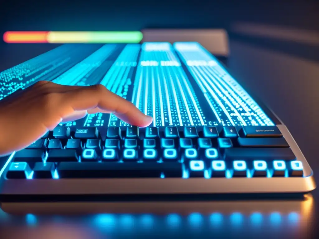 Mano de científico tecleando en un teclado moderno, con código y visualizaciones de datos en la pantalla