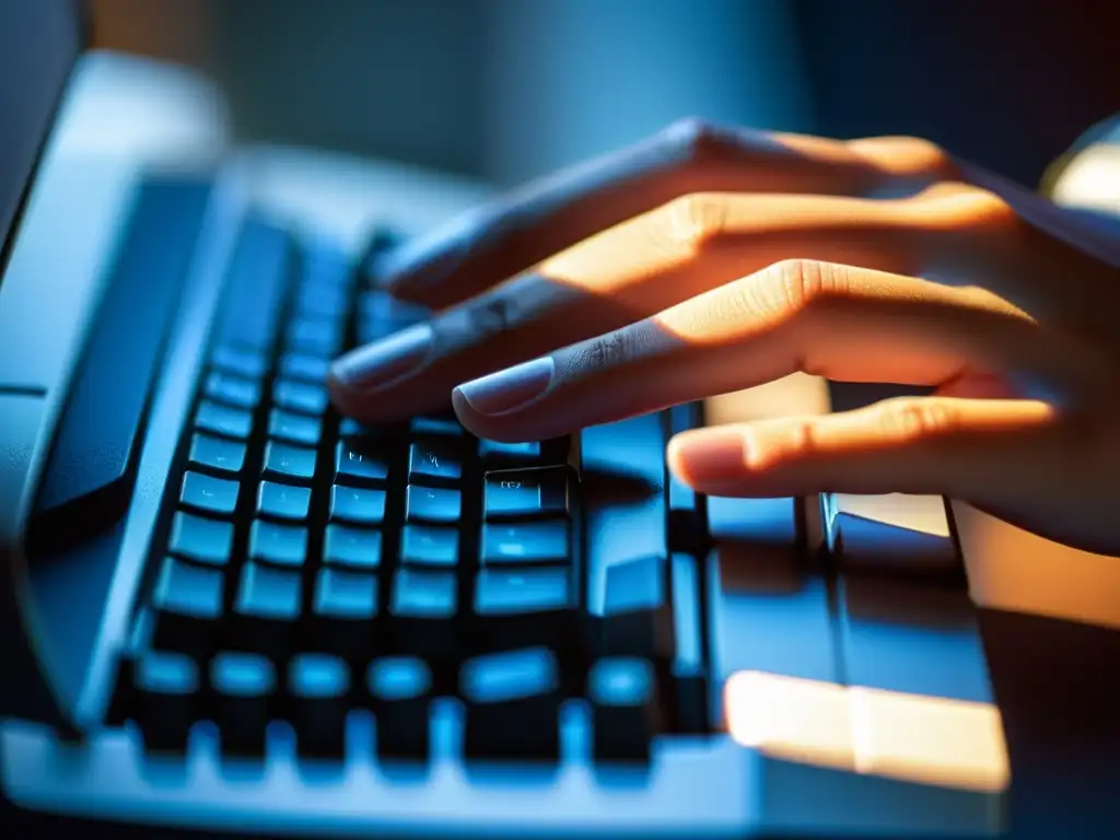 Mano concentrada tecleando en un teclado moderno, transmitiendo precisión y tecnología