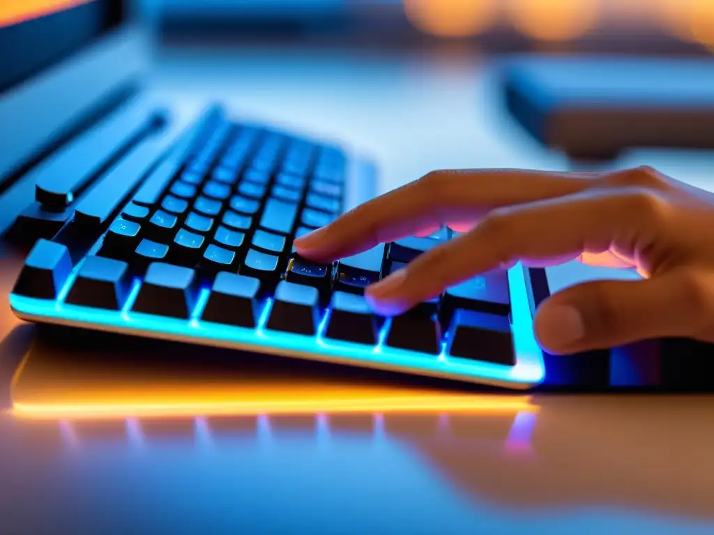 Teclado de alta tecnología y IoT futurista Mano de desarrollador tecleando en un teclado moderno, con dispositivo IoT futurista de fondo