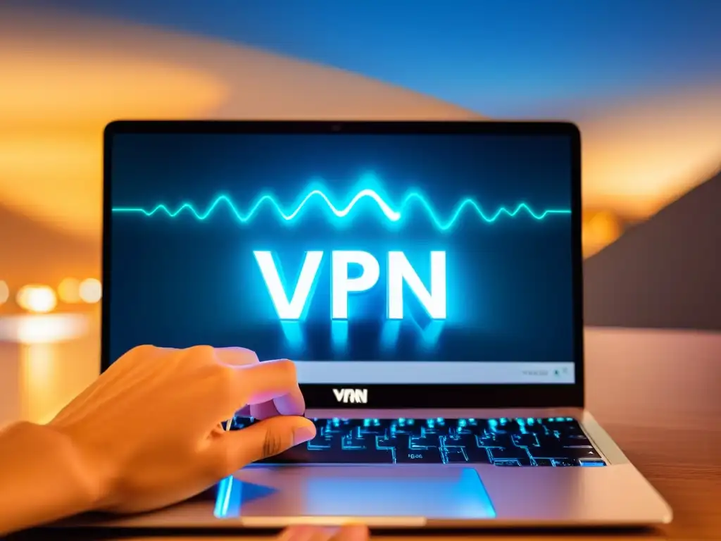 Mano elegante sobre teclado de laptop, con ícono VPN brillante en pantalla