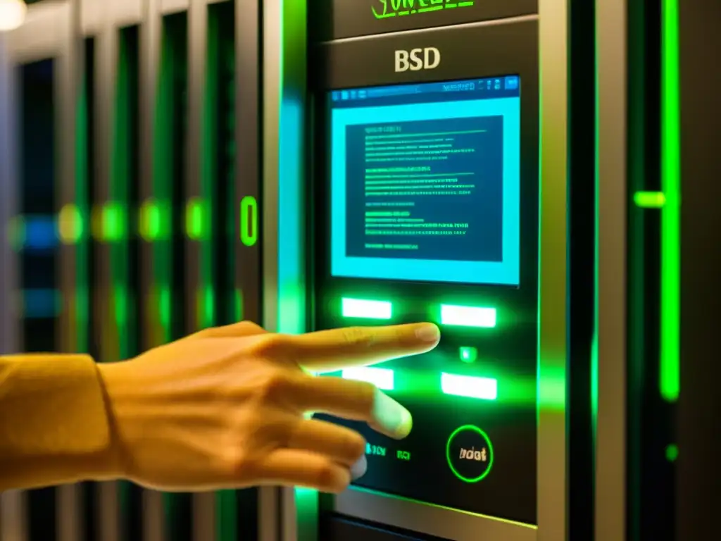 Mano presionando escáner biométrico en rack BSD con autenticación de dos factores, iluminación verde, sala de servidores