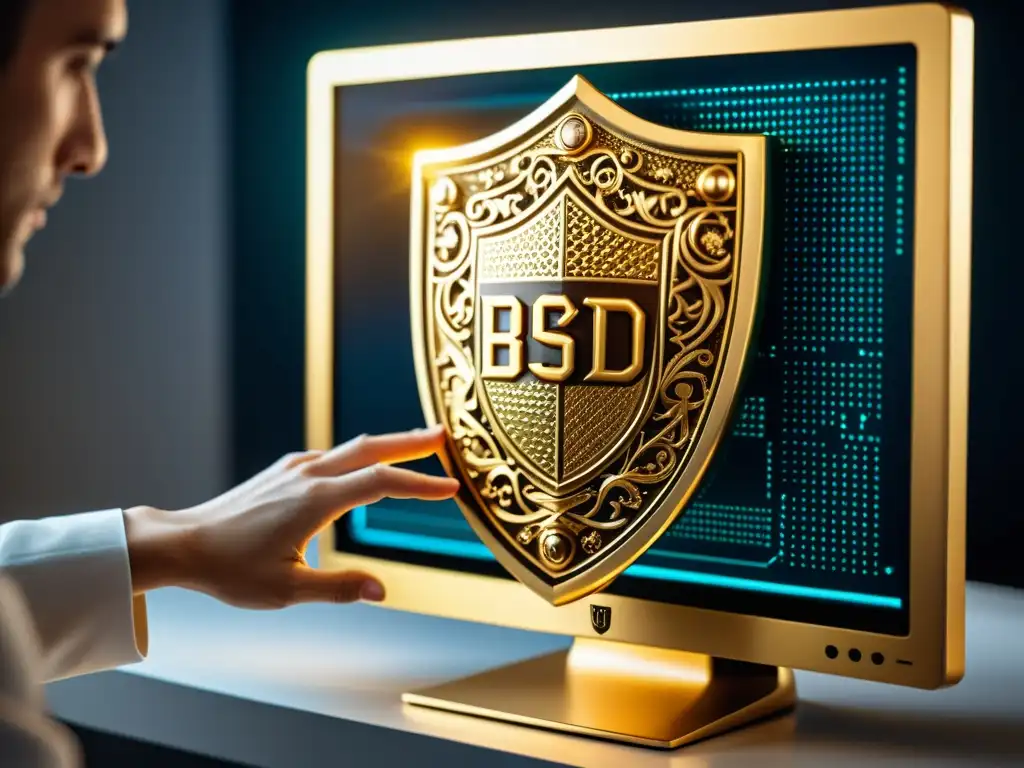 Mano coloca escudo dorado alrededor de monitor, simbolizando hardening de BSD sistema operativo