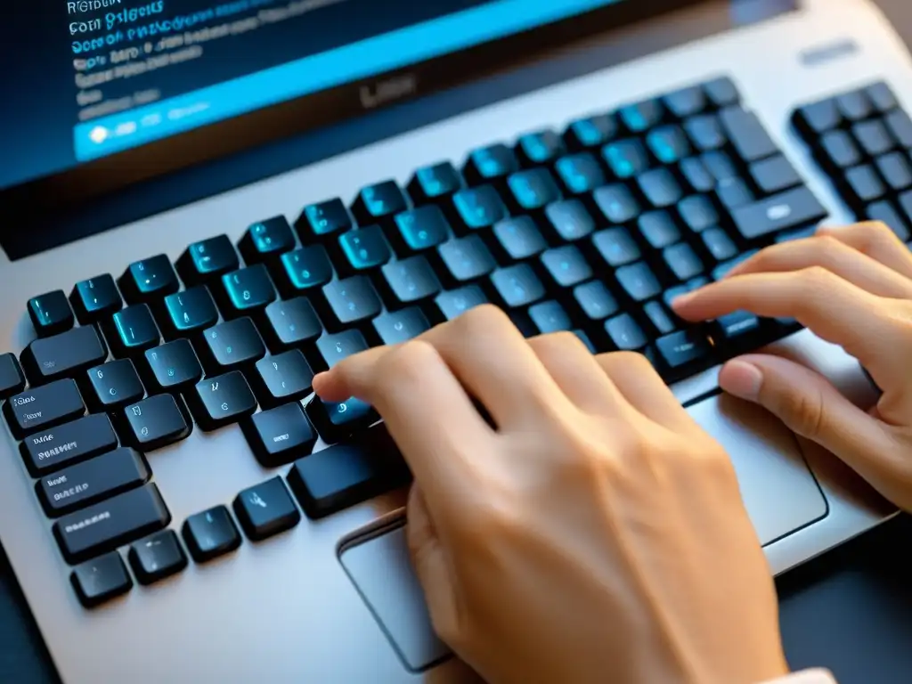 Manos expertas escribiendo en un teclado minimalista con el logo de Linux Mano experta tecleando en un elegante teclado con logo de Linux en la pantalla