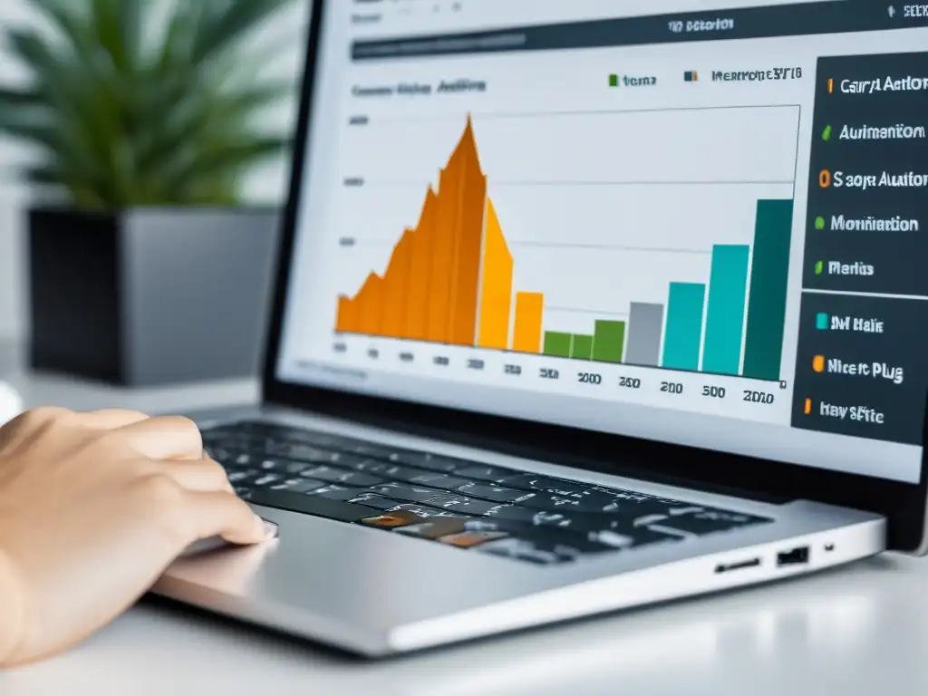 Optimización precisa: Ajuste de datos de marketing para ecommerce Mano ajustando gráfica de marketing para Ecommerce con plugins de automatización