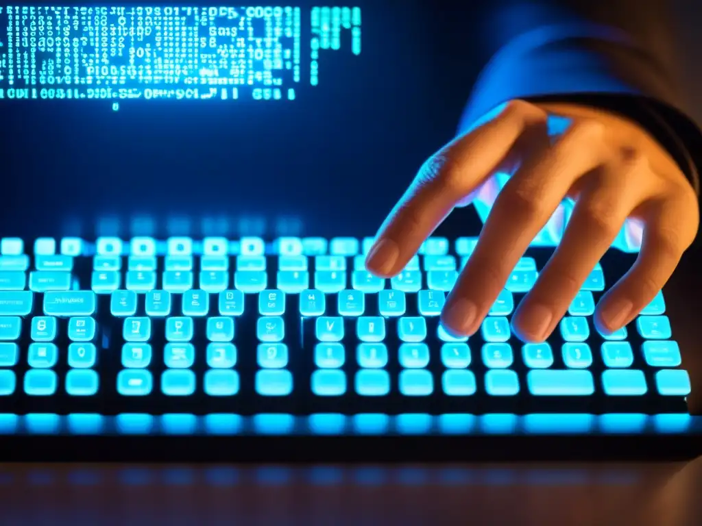 Mano de hacker en teclado: ciberamenazas en BSD Mano de hacker tecleando en teclado con código reflejado en su rostro, ilustrando las prácticas seguridad aplicaciones web BSD