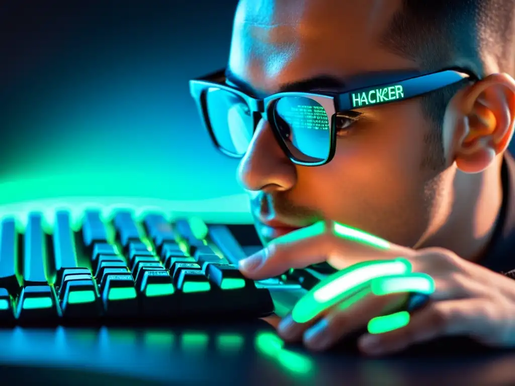 Mano de hacker en teclado negro con código reflejado en lentes