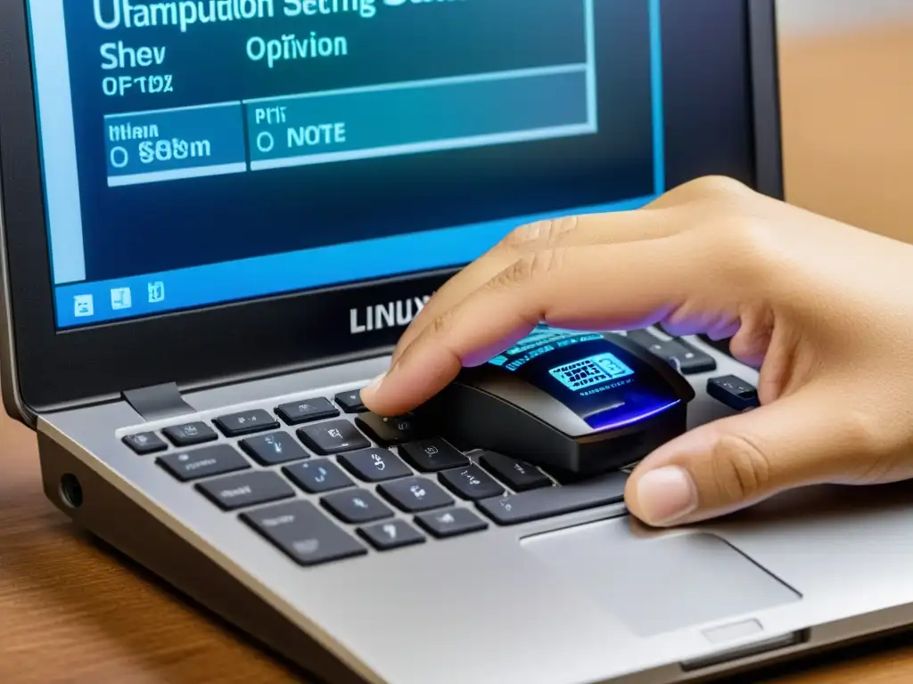 Mano configurando una impresora en Linux, mostrando la facilidad y simplicidad del proceso