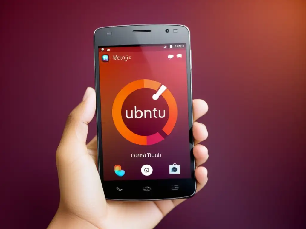 Una mano delicadamente navega la interfaz de Ubuntu Touch en un smartphone