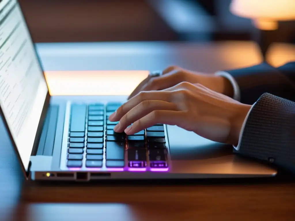 Mano tecleando en laptop moderna sobre escritorio de madera con papeles y café