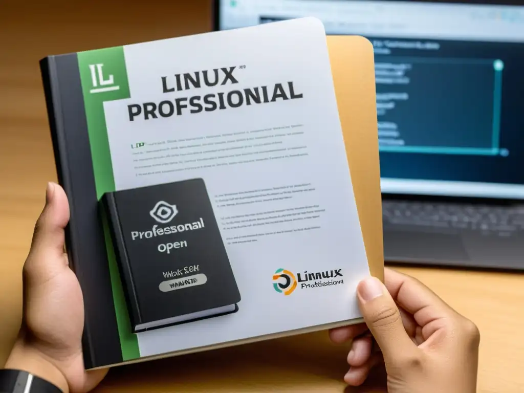 Mano sosteniendo libro de certificación Linux Professional Institute, en un entorno profesional y enfocado