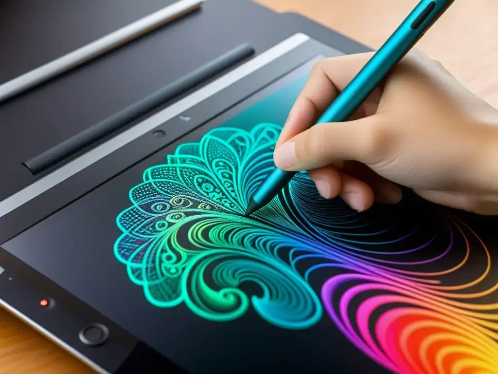 Arte digital preciso en tablet Linux Mano dibujando líneas precisas con una tableta gráfica en Linux, mostrando las capacidades de las mejores tabletas gráficas para Linux