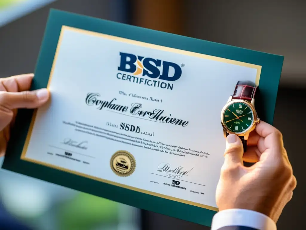 Una mano sostiene con orgullo un diploma de certificación BSD en un entorno profesional y minimalista