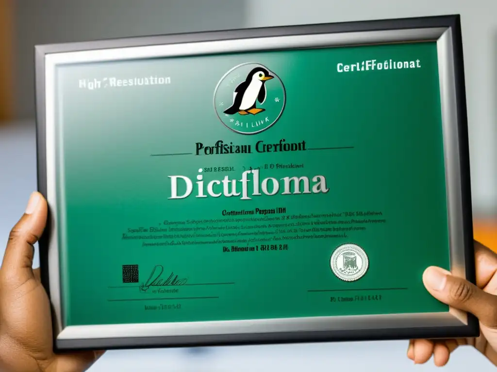 Una mano sostiene con orgullo un diploma de certificación en Linux, transmitiendo logro y expertise