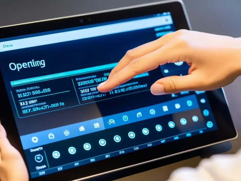 Mano personalizando con precisión un sistema operativo ARM en tablet moderna, destacando la atención meticulosa