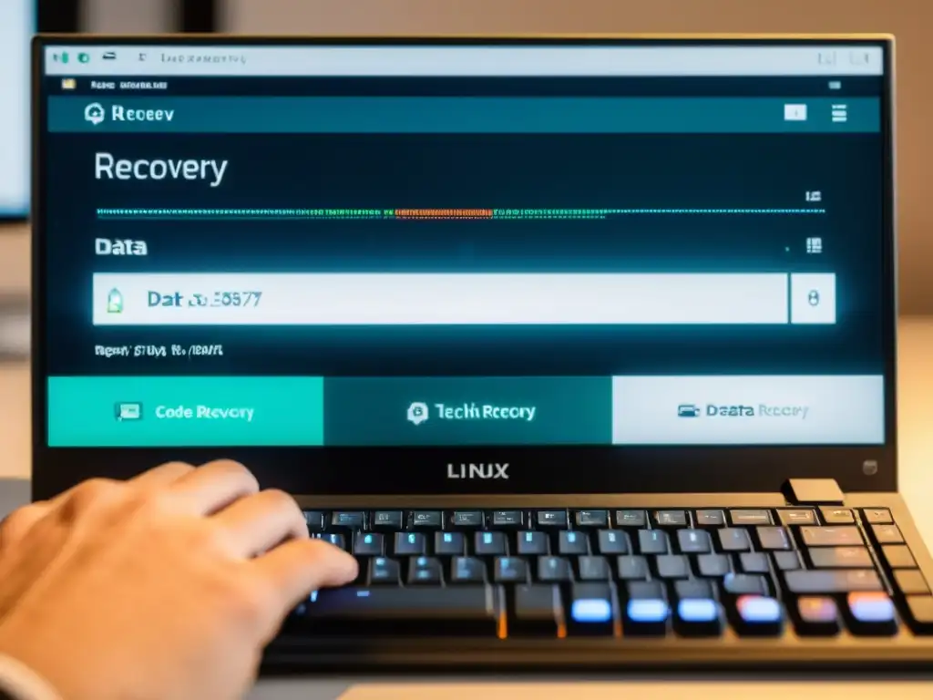 Mano realizando recuperación de datos en Linux con delicadeza y precisión, código en pantalla y barras de progreso