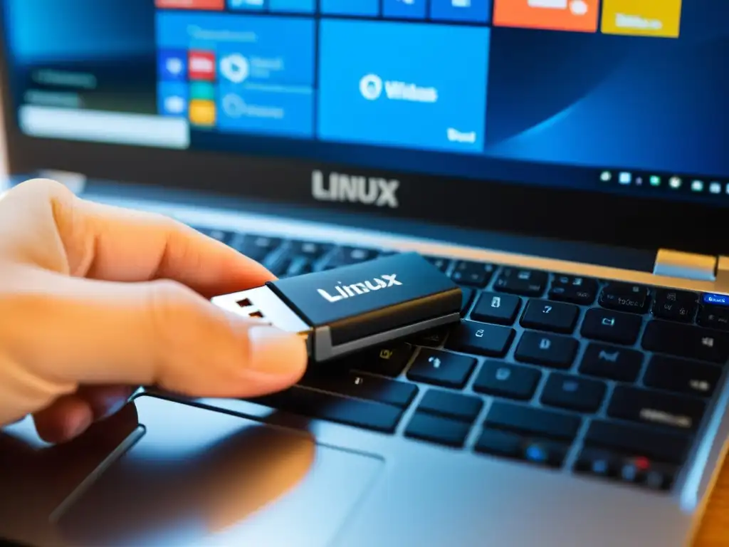 Mano insertando USB en laptop, reflejo sutil en pantalla, compatibilidad de sistemas de archivos para Windows y Linux