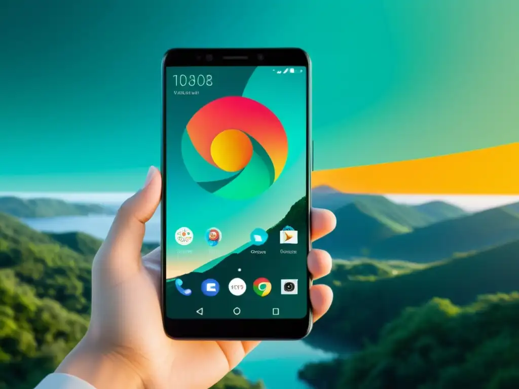 Mano sosteniendo smartphone con pantalla vibrante y logo de LineageOS