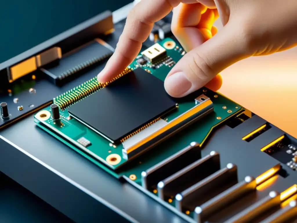 Mano insertando SSD en placa madre, con circuitos visibles