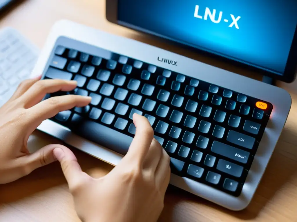 Mano escribiendo en teclado con transición a Linux en entorno de oficina, para migraciones exitosas a sistemas operativos alternativos