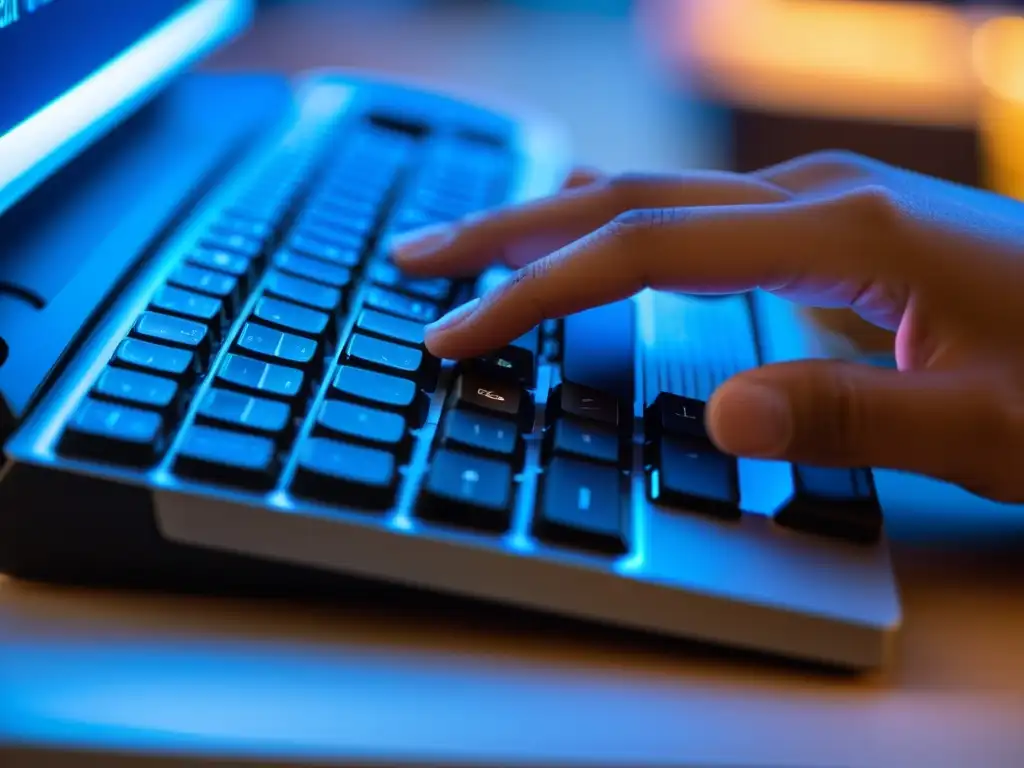 Mano escribiendo en un teclado con luz cálida, código en pantalla