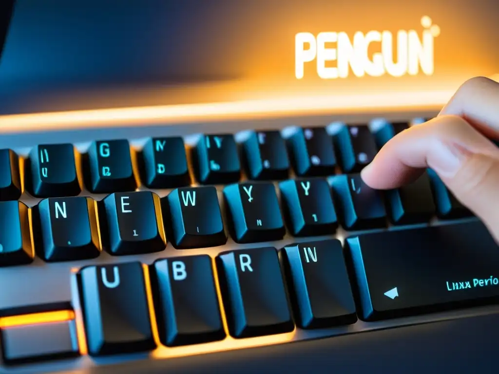 Mano escribiendo en teclado minimalista con logo de pingüino de Linux en pantalla