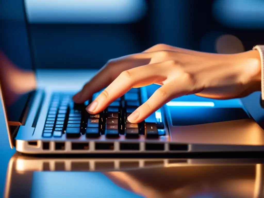 Mano escribiendo en teclado moderno, creando un ambiente profesional y minimalista