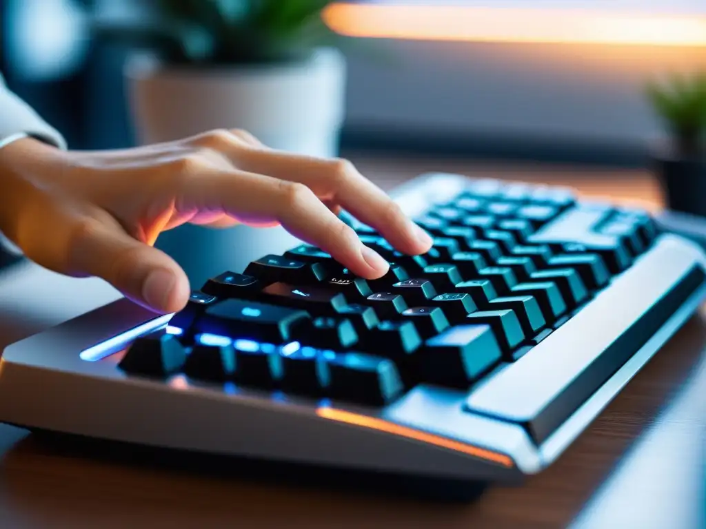 Mano escribiendo en teclado moderno con iluminación suave