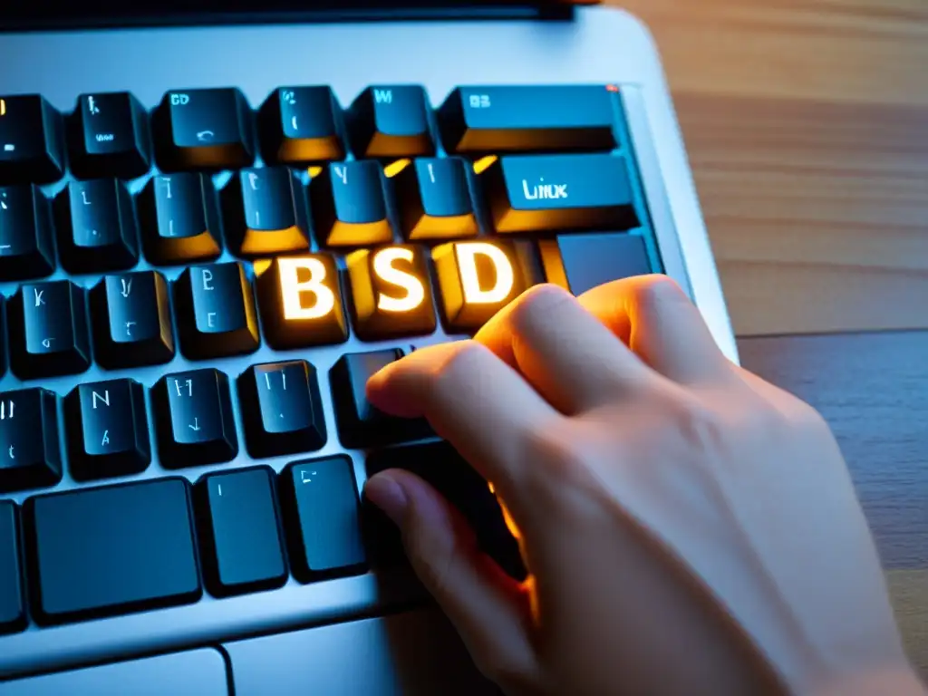 Una mano teclea con precisión en un teclado moderno con las letras 'BSD' y 'Linux', en una atmósfera cálida y profesional