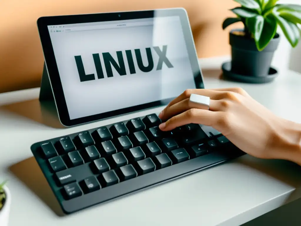 Una mano escribe en un teclado moderno con la palabra 'Linux'